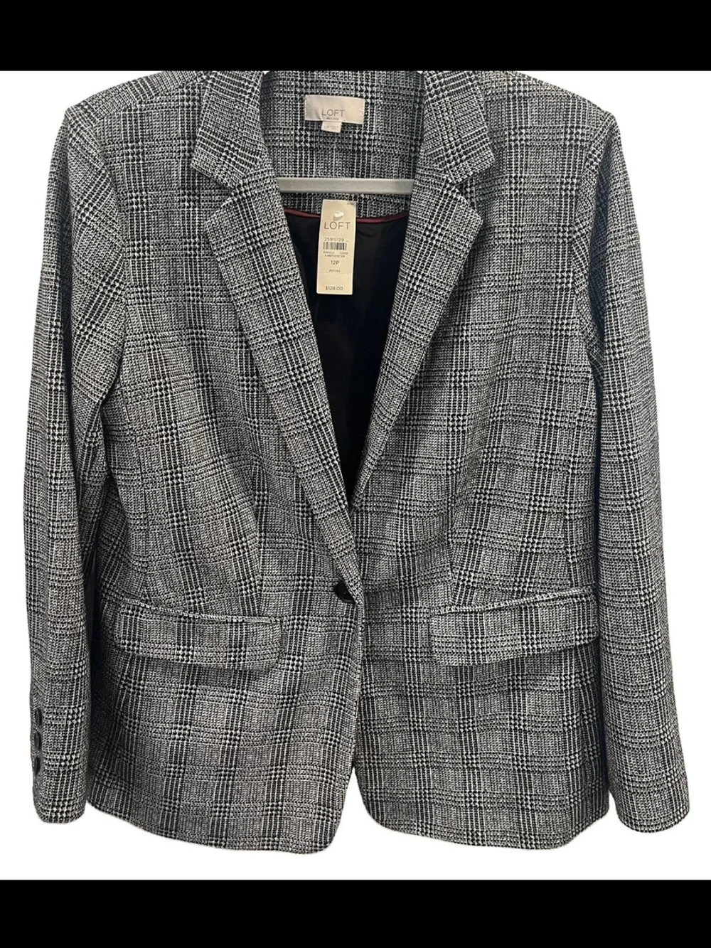 NWT LOFT Plaid Blazer Size 12 Petite Black White Career Jacket $128 - Picture 1 of 5
